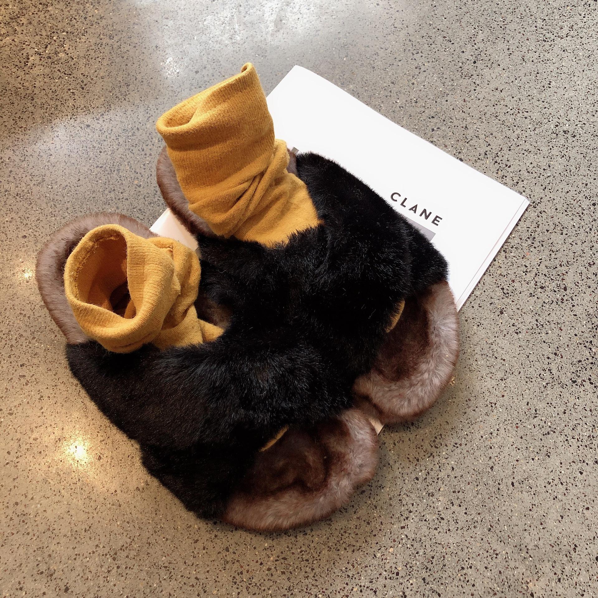 

Модные знаменитые меховые тапочки с перекрещенными ремешками женские зимние туфли теплые плюшевые пантуфли на толстой подошве смешанных цветов флисовые шлепанцы mujer 5 чёрный