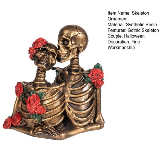 Halloween Gothic Skeleton Couple Figurine, Vintage Kissing Skeleton Resin Statue, Rose Skeleton Couple Sculpture for Holiday Party Decoration