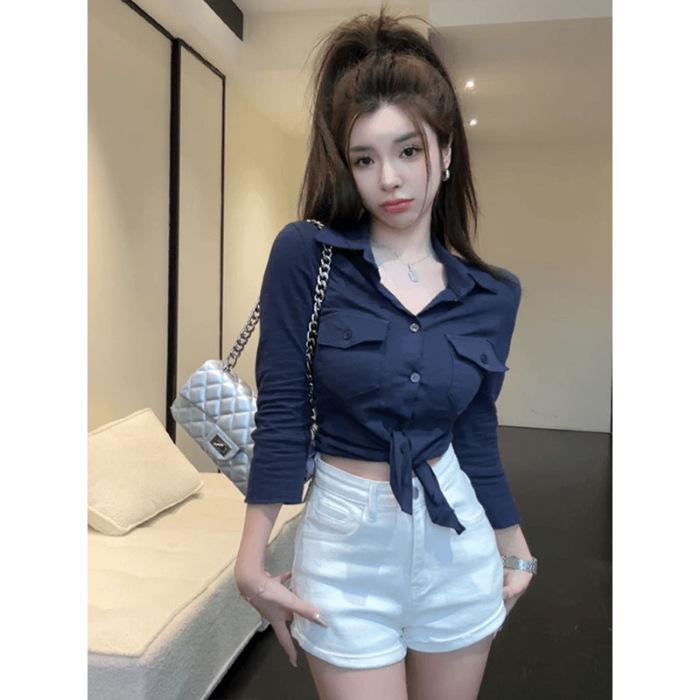 Plus-Size Elegant White Lapel Shirt for Women - Slimming Waist-Cinched Autumn Top XL темно-синий