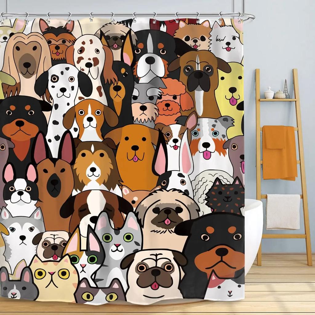 Cartoon Shower Curtain Pet Cat Dog Cute Rainbow Animal Cute Kid Boy Girl Skateboard Home Polyester Fabric Bathroom Decor Curtain