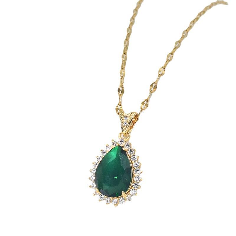 Titanium Steel Water Drop Necklace Women'S Light Luxury Retro Versatile Inlaid Green Crystal Zircon Pendant Collarbone Chain