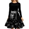 Christmas Print Flare Dress For Women Long Sleeve Dress Hollow Party Casual Dresses