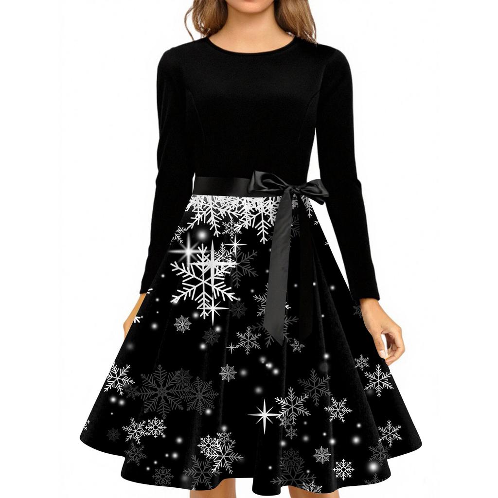 Christmas Print Flare Dress For Women Long Sleeve Dress Hollow Party Casual Dresses