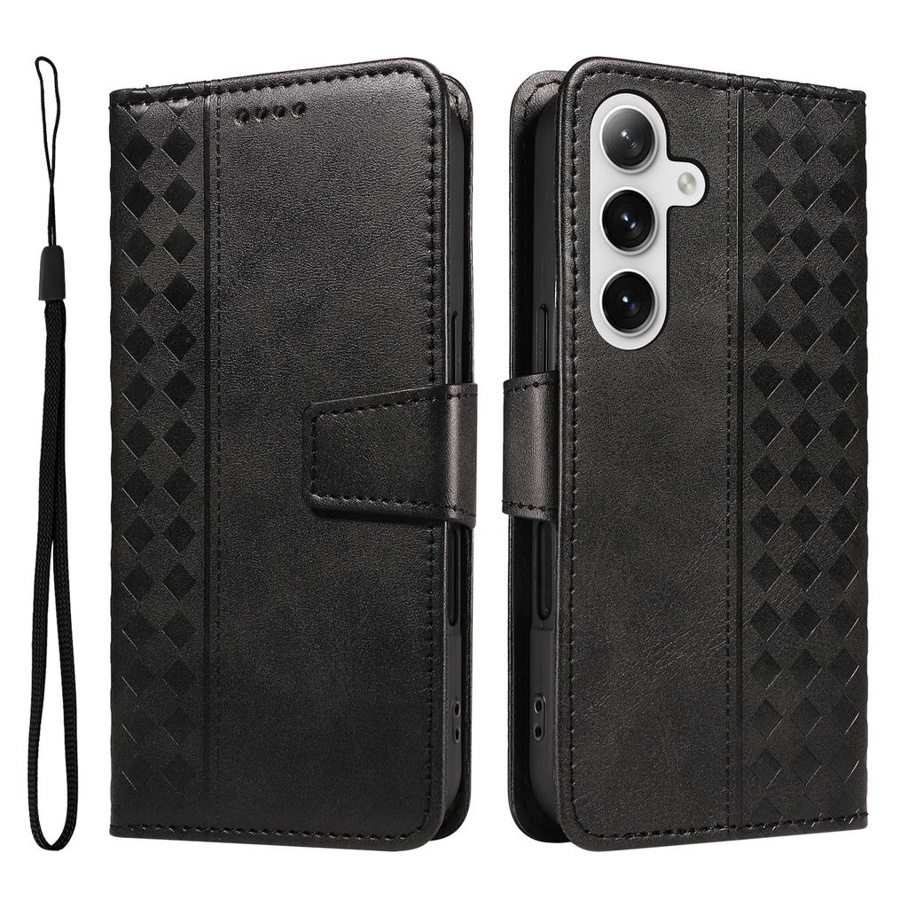 For Samsung Galaxy S24+/Galaxy S25+ Leather Case Wallet Stand Grids Imprinted Phone Cover with Strap