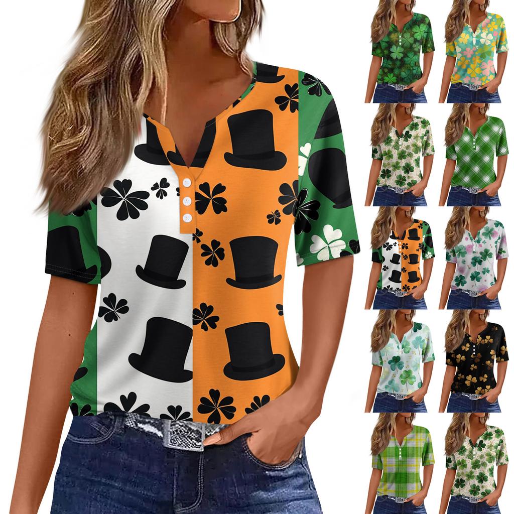 Damen T-Shirt Tee Print Knopf Kurzarm Täglich Wochenende Mode Basic V-Ausschnitt Reguläres Oberteil St. Patrick's Day