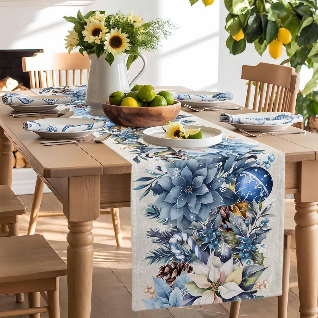 Christmas Blue Poinsettia Ball Berry Linen Table Runner Party Decor Winter Xmas Kitchen Dining Table Runner Christmas Decoration