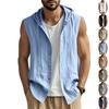 Men Hooded Sleeveless Shirt Cotton Linen Half Placket Button Vest Loose Casual Top for Summer Beach Daily Wear
