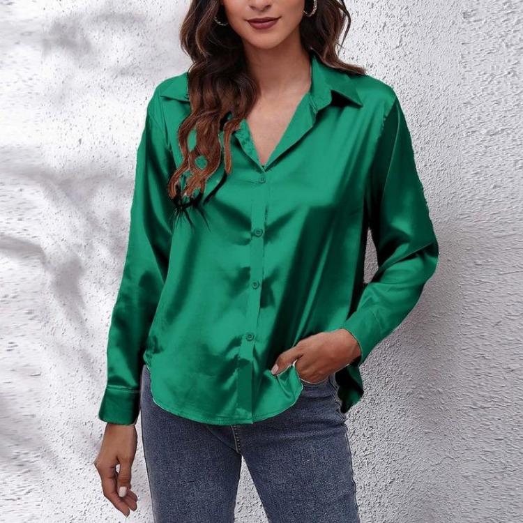 Langarm-Satinbluse für Damen Büro Elegantes Hemd