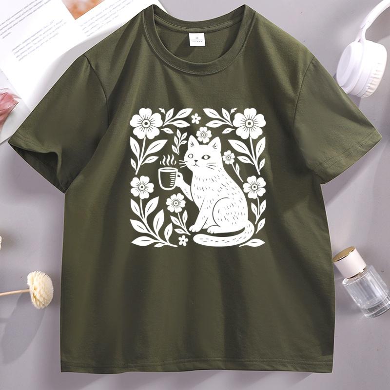 Boho Cat Coffee Lover T Shirt Unisex Clothing Funny Comfort Short Sleeve Printed Tshirt Vintage Round Neck Printed Tees