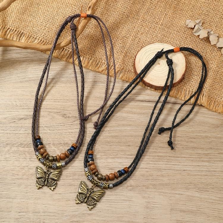 Bohemian Butterfly Pendant Choker Multilayer Pull String Handwoven Necklace Adjustable Length Clavicle Chain Jewelry