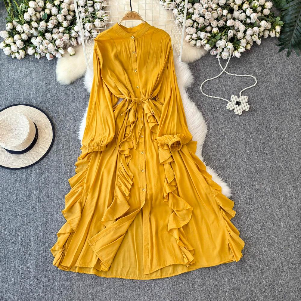 

Нежный стиль, темперамент, рукава-фонарики, воротник-стойка, присборенная талия, А-силуэт, оборки по краю, шифоновое платье, элегантные большие свободные длинные платья One Size жёлтый