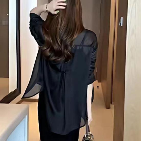 Women Sun Protection Shirt Lapel Long Sleeve Back Lace-up Chiffon Tops Solid Color Single Breasted