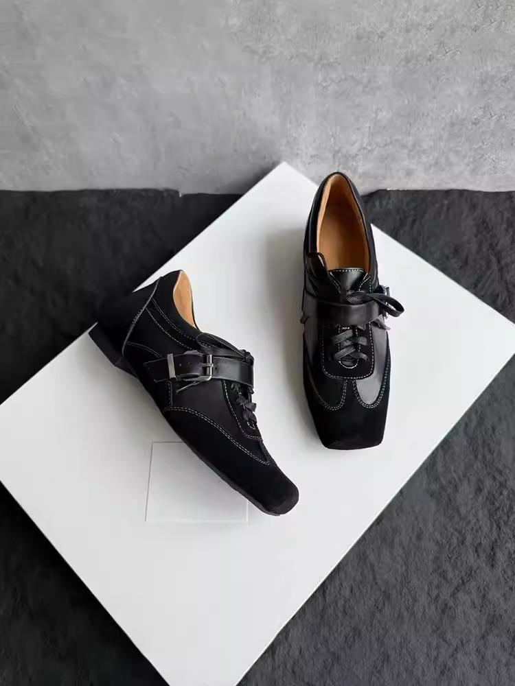 British Leather Women's Shoes Inner Height Increase 3cm Retro Square Head Belt Buckle Single Shoes Designer