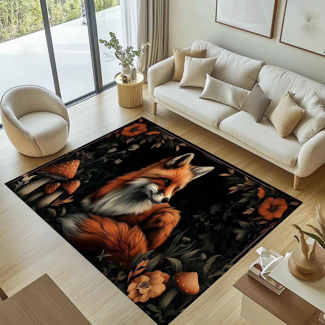 Fox Area Rug, Rustic Fox Rug, Fox Rug, Floral Fox Rug, Fox Themed Rug, Nature Inspired Carpet, Mushroom Rug, Rustic Animal Rug 40X60cm