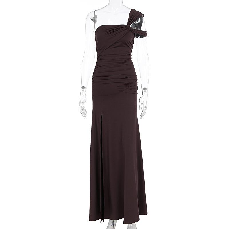 Women's Summer New European and American Women's Clothing Sexy Dress Slanted Shoulder Pleated Side Split Texture Dress