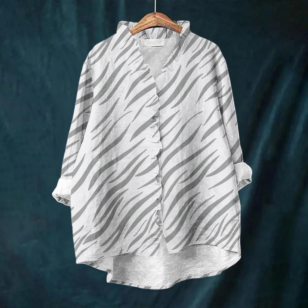Women's Loose Ruffled Floral Print Stand Collar Long Sleeve Cotton And Linen Top