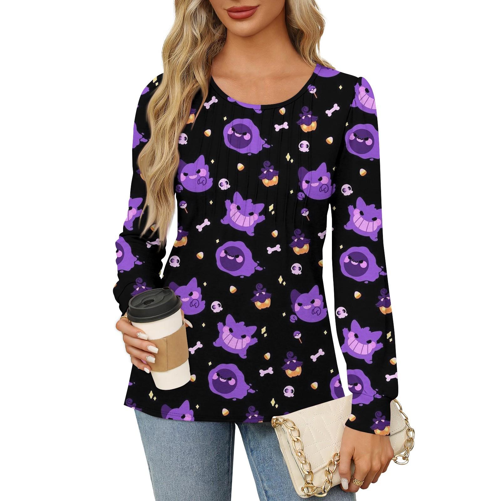 

Рубашки с длинным рукавом для женщин, милые принты, графические футболки, блузки, нарядные повседневные блузки, плиссированные туники с круглым вырезом, топы на Хэллоуин S