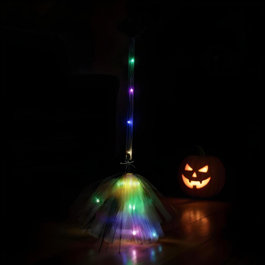 Halloween Witch Broom LED Illuminated Mount Broom Lightweight Mesh Broom Props Holiday Decor Cosplay Accessories