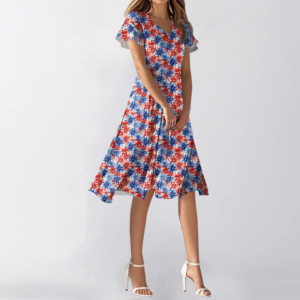 Kvinners Sommer Casual Mote Blomsterprint Kjole V-hals Kortermet Kort Skjørt