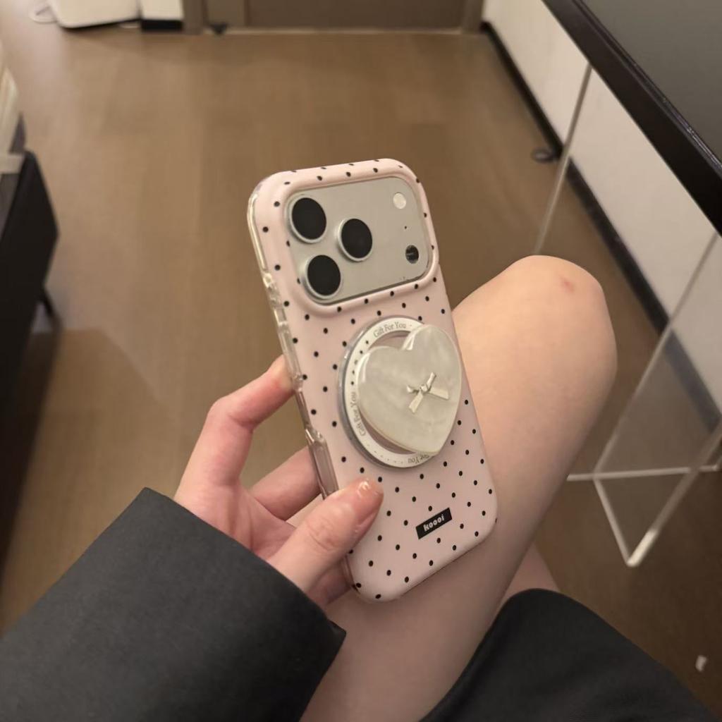 Ins Cute Pink Polka Dot Love Magnetic Suction Bracket Is Suitable for iPhone17promax Apple 16 Pro Mobile Phone Case 15.
