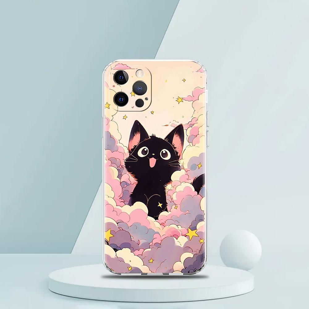 Cute Cartoon Black Cat Luxury Phone Case For iPhone 16 15 14 13 12 11 Pro Max XS X XR SE 7 8 Plus Soft Silicone Clear Cover