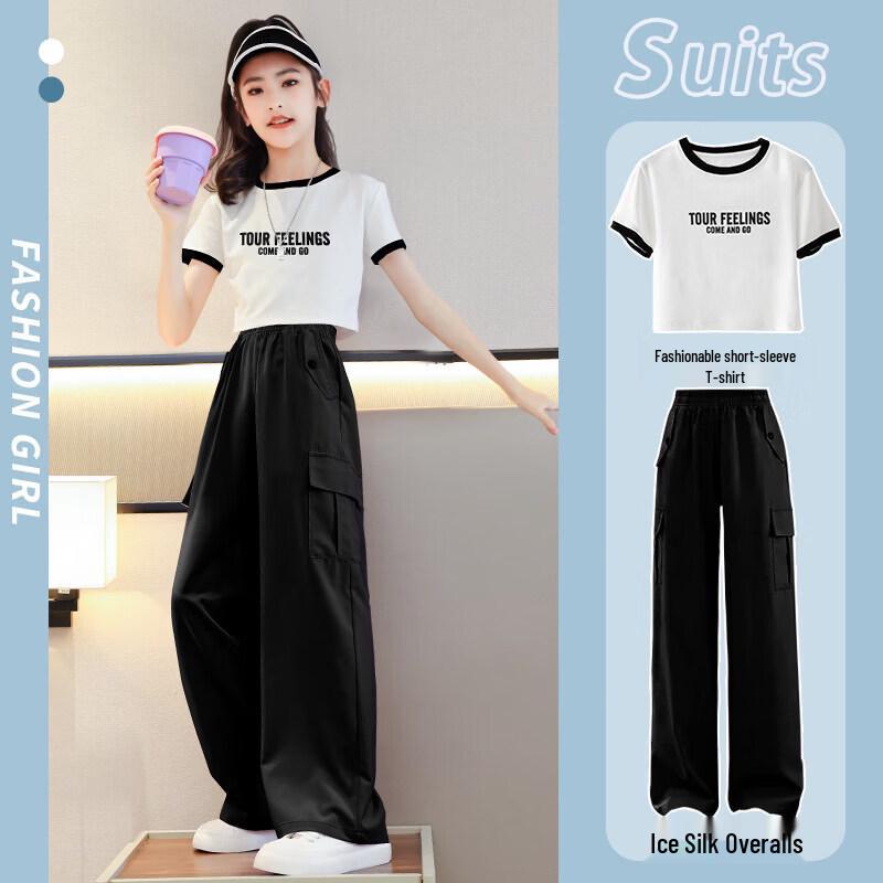 Moonkids Girls  Summer Short Sleeve Cargo Pants Sportswear Set 150cm