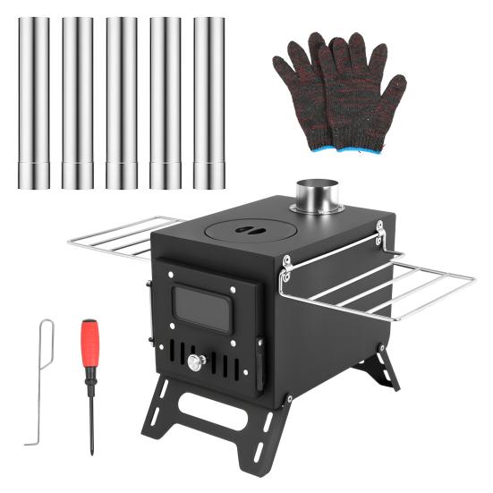 Wood Burning Stove with 5 Pipes Accessories, Large Firebox Heating Cooking Hot Tent Stove, Portable Stainless Steel Stove for Outdoor, Camping,