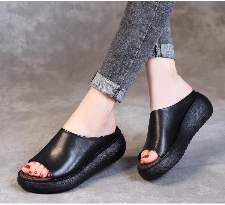 Sommer Damen Leder Hausschuhe Pu Sohle Sandalen für Frauen Sexy Hoher Absatz Mules Clogs Schwarz Peep Toe Plateau Mules Keile Sandalen Schuhe