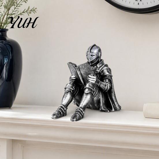 Creative Resin Statue Medieval Knight Book Nook Statue, 3D Printed Armored Reading Bookend Figurine, Retro Gothic Bookshelf Ornament for Study Office,