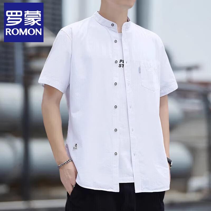 Romone Men s Pure Cotton Chinese Style Stand Collar Short Sleeve Shirt M