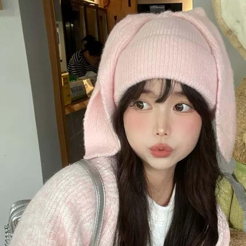 Trendy Rabbit Ears Cap Elastic Brimless Beanie Hat Woolen Hat Bunny Pullover Cap Autumn