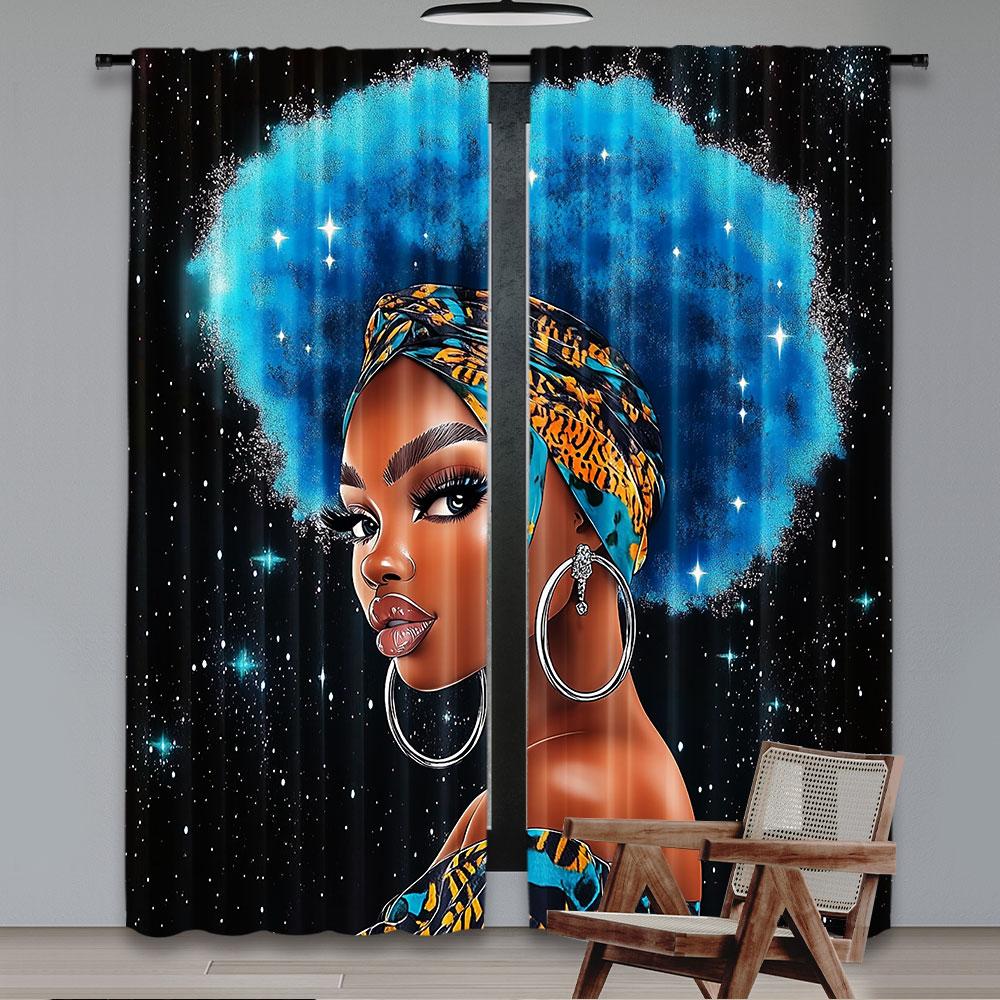 2Pcs Black Curtain African American Woman Afro Lady With Blue Hair Suitable For Bedroom Living Room Dining Room And Bathroom A