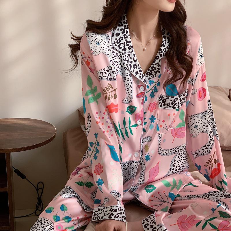 Summer High-End Green Fashion Lapel Pajamas Women'S Long-Sleeved Trousers Plant Flower Loungewear Set