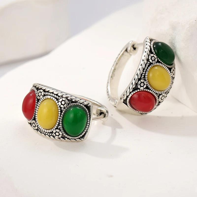 Vintage Silvery Plated Hand Carved Texted Colored Synthetic Turquoise Hoop Earrings Women Bohemian Style Banquet Jewelry Crafts