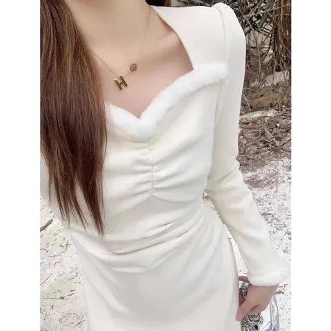 French velvet temperament long-sleeved dress women s spring new pleated waist thin inner bottom long dress S абрикосовый