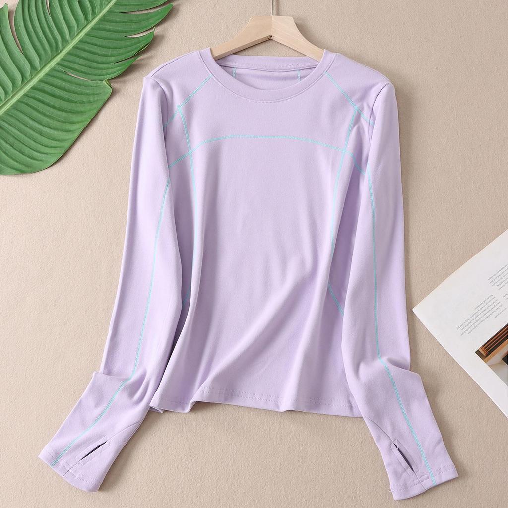 Women's Slim-Fit Color-Block Sports Long-Sleeve T-Shirt: Vibrant Colors, Contrast Stitching, Round Neck, Outdoor Style