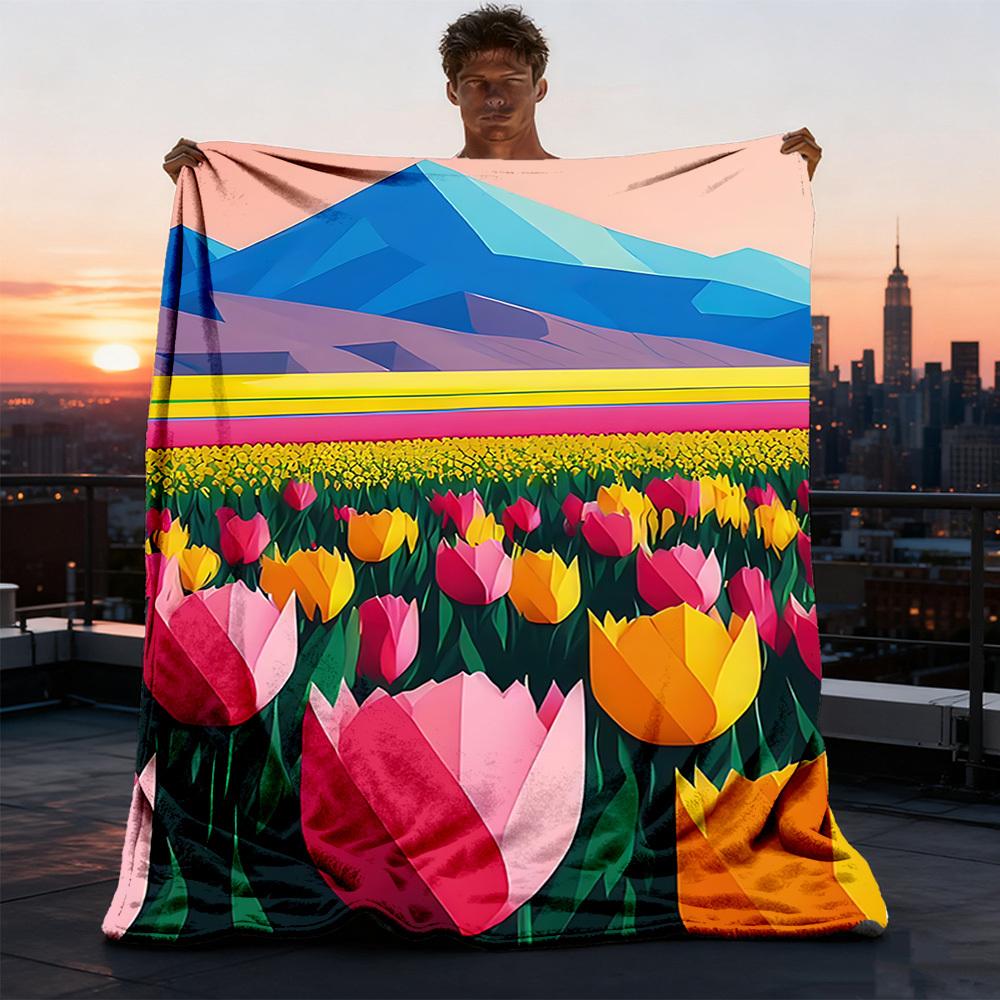 1pc Tulip Field Outdoor Flannel Blanket Soft All Season Polyester Throw , Perfect for Picnics & Travel , Picnic Accessory
