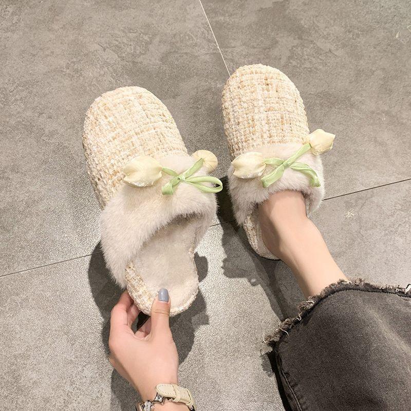 Fashion and cute warm bag head fluffy slippers women wear autumn and winter new flower bag head cotton slippers women