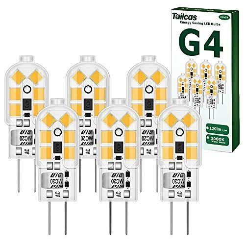 Bombillas G4 Led, Paquete de 6 1.2W Equivalente 10W 20W Lámpara Halógena, AC-DC 12V Bombilla Blanco Cálido 3000K 120lm 12.1 x 36.4mm No Regulable