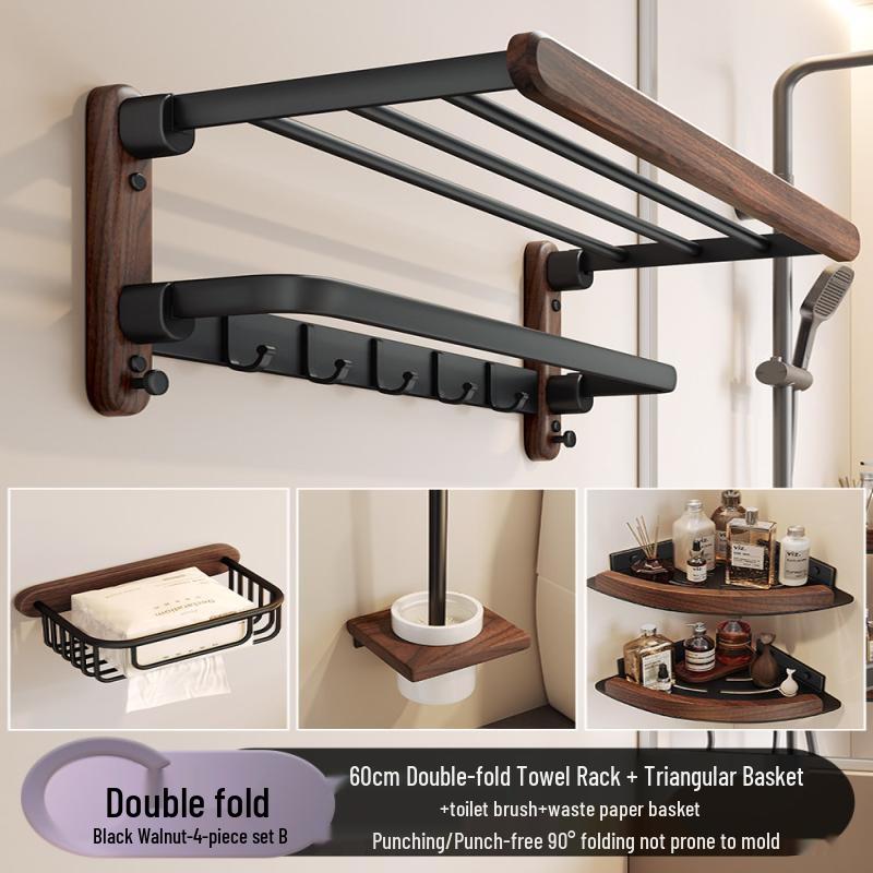 Handun Walnut Double Folding Towel Rack with Bathroom Shelf