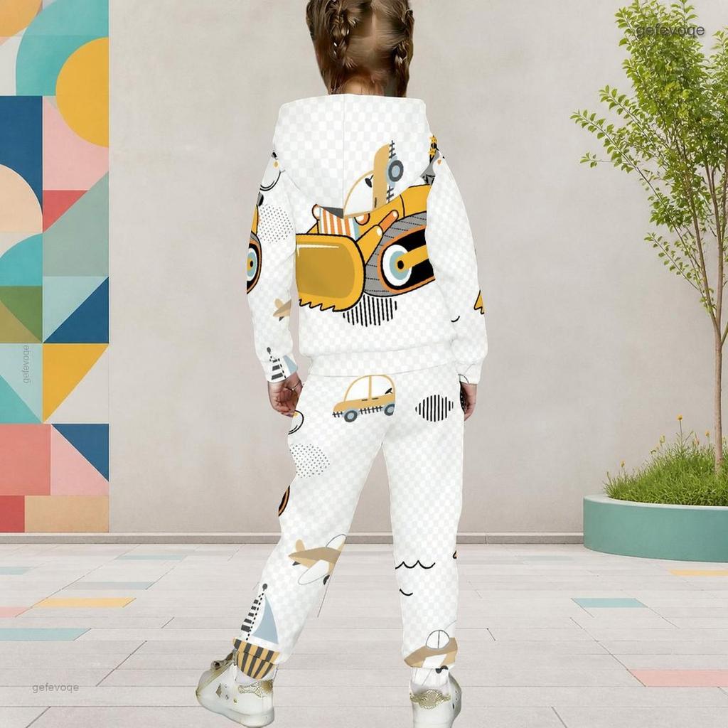 Girls Red White Printed Hooded Two Piece Set Long Sleeve Kangaroo Pocket Top Cuffed Pants