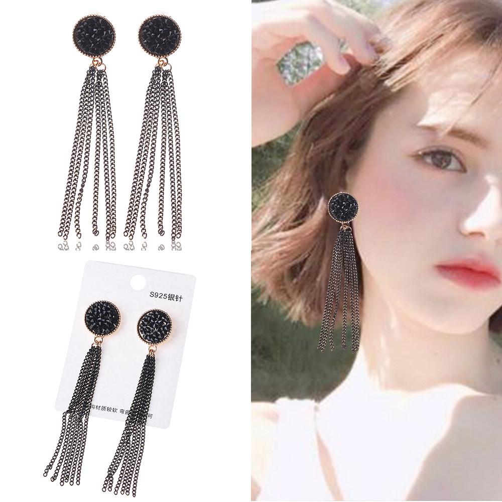 Lady Elegant Party Accessories Black Round Long Fashion Tassel Dangle Earrings Ear Studs Jewelry
