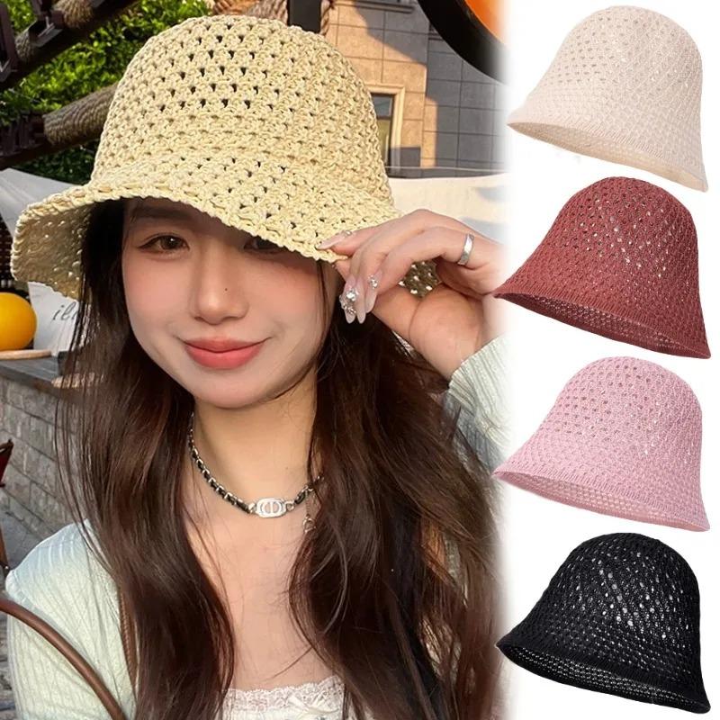 Spring Summer Breathable Hollow Fisherman Hat Sun Protect Wide Brim Sunscreen Cap for Women Beach Panama Straw Dome Weave Bucket