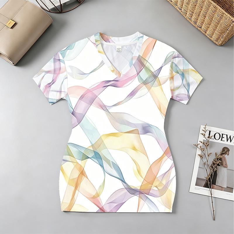 Women's Short Sleeve Mini Dress Summer Vibes,Colorful Line Design,V-Neck Fitted,Soft Comfortable,Ideal for Beach Vacation Daily Wear