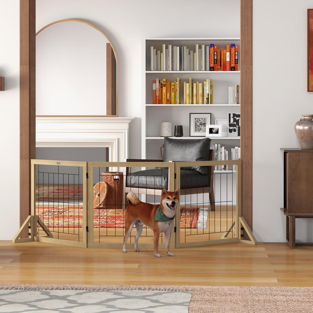 Folding Dog Gate with 3 Panels and Triangular Feet, 210x70 Cm, Natural Wood