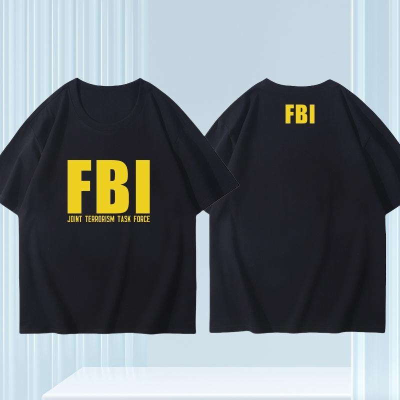 25 Plus Size Cotton Fbi Letter Printed T-shirt Military Style Cotton Jacket Short Sleeved Half Sleeved Casual Round Neck T-shirt