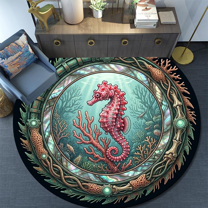 Oceanic Seahorse Emblem Round Area Rug Under Office Chairs Bedroom Living Room Home Decor