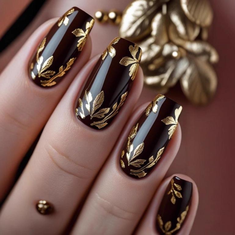 Gold-Plated Leaf Ballet Style False Nails - Deep Brown Fashionable Nail Art Tips