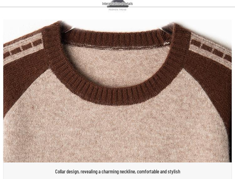 Women's High-End Wool Knit Color Block Sweater - Stylish, Slimming, Versatile Autumn/Winter Warm Base Layer Top