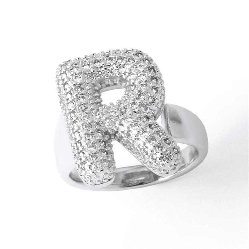 Letter Design Ring with Clear Stone Detail, Copper Base Fashion Jewelry for Daily Outfits, Party Styling and Gifts